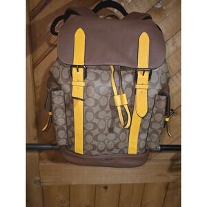 Coach Hudson Backpack Signature Canvas Brown Yellow Leather Bag